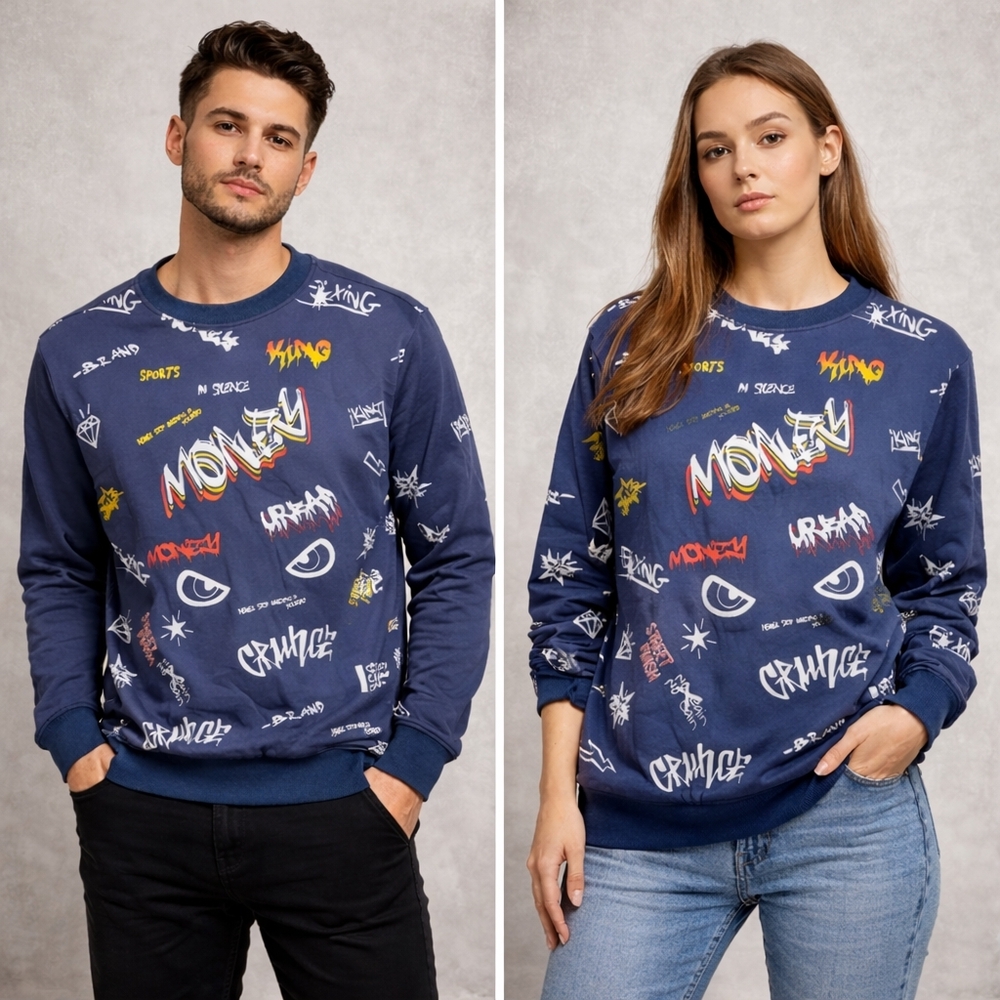 Size M - Mebius Men’s Graphic Crewneck Sweatshirt Blue Streetwear